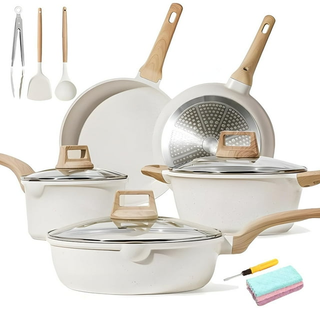 18 Piezas Juego de Sartenes - Bateria de Cocina Sartenes Antiadherentes con Tapa de Cristal, Ollas de Cocina para Placas de Inducción y Gas, Sartenes Minimalistas (Beige)