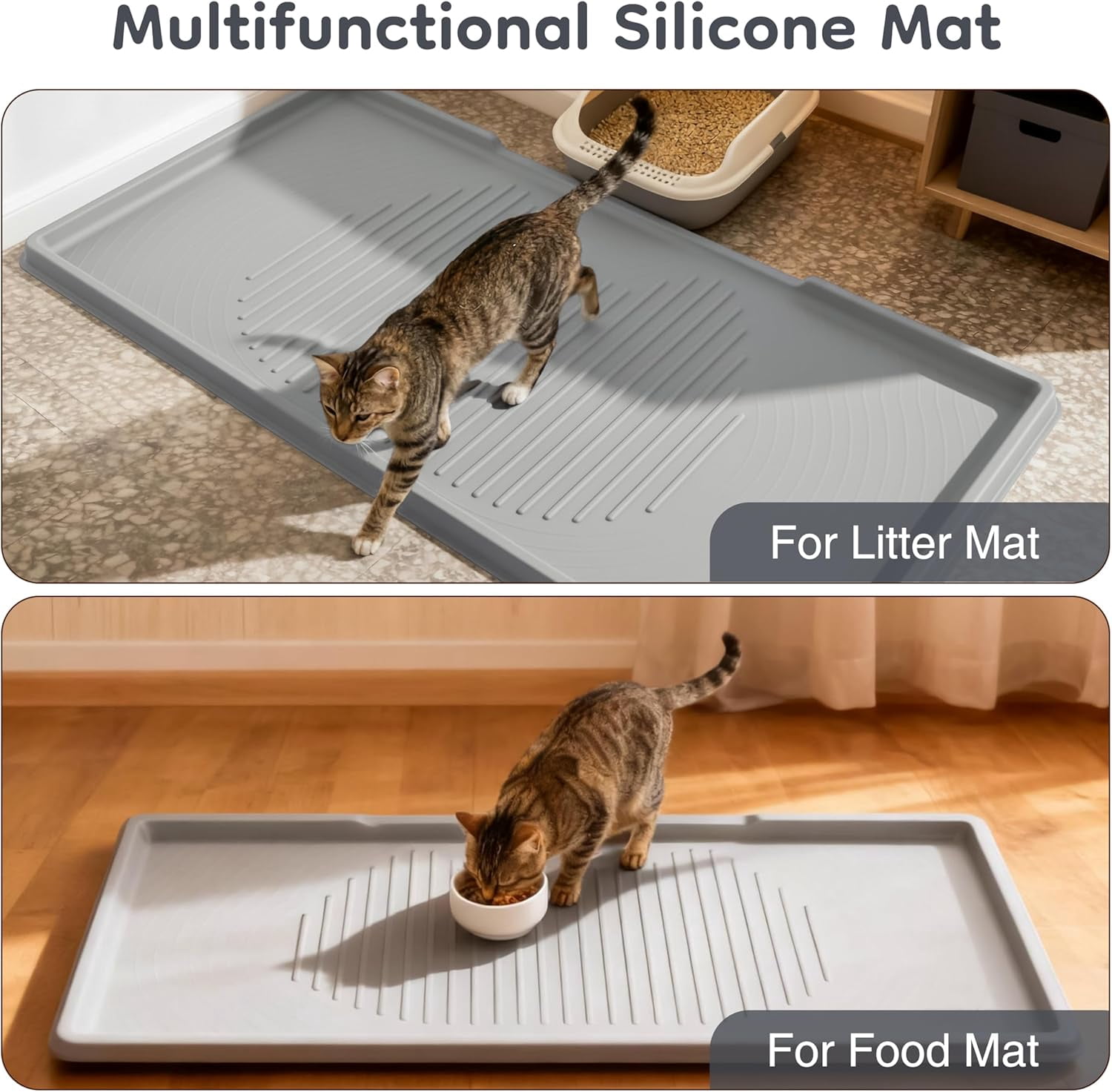 Cat Litter Mat 54" x 27.5" XXL, Extra Large Silicone Mat for Litter Box, 1.38" Raised Edge Urine Proof Litter Trapping Mat Pad for Scatter Control, Soft on Kitty Paws, Protect Floor (Grey)