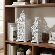 Temple Moroccan Style Lantern Decorative Candle Holder for Home Decor, White, Set of 2