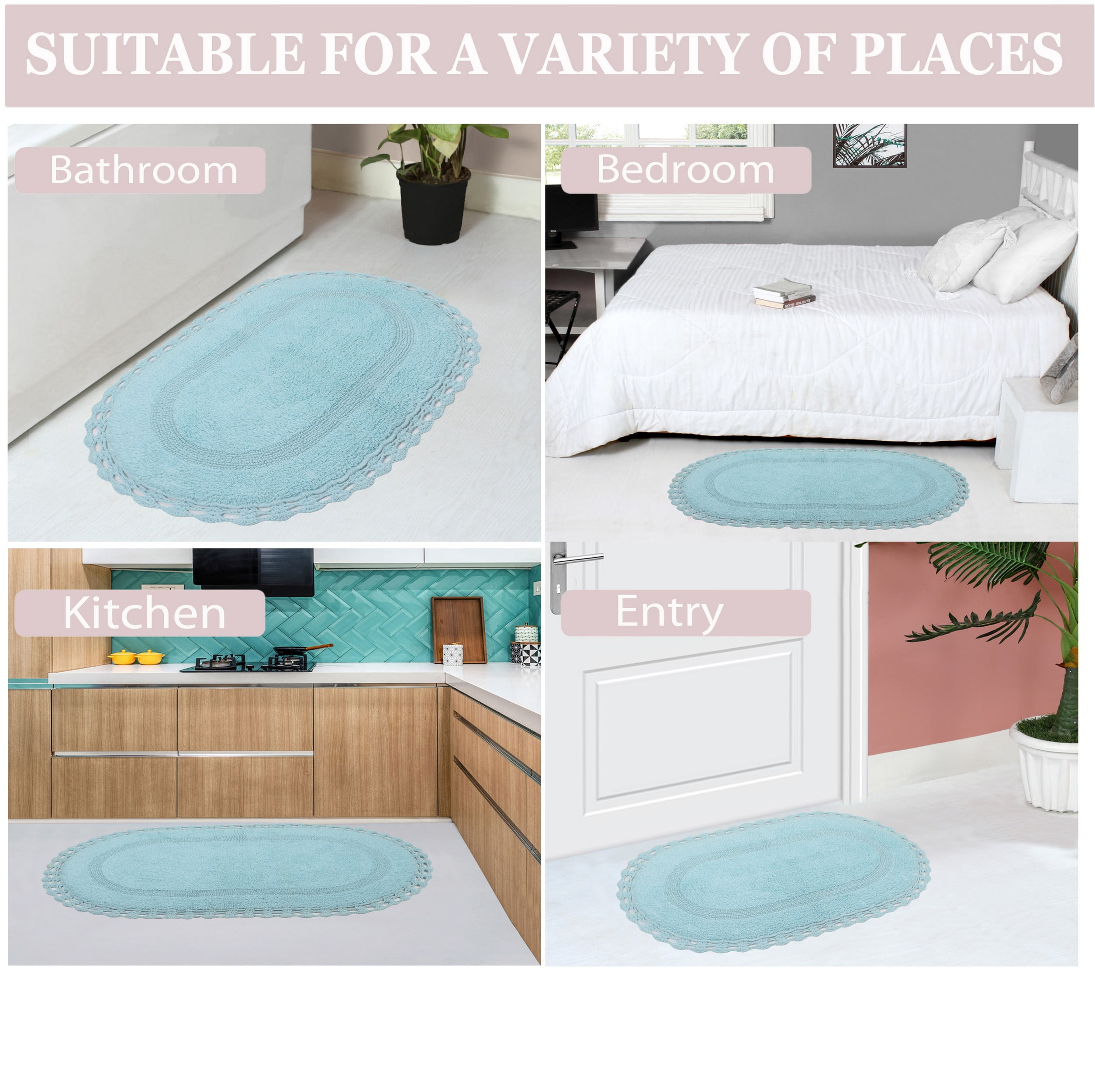 Home Weavers Hampton Crochet Bath Mat 100% Cotton Bathroom Rugs Set, Washable Rug, Extra Soft and Absorbent bath Rug, Kitchen Mat, Bath Mat Set, Bath Floor Mat Reversible, 17"x24" Rectangle, Aqua