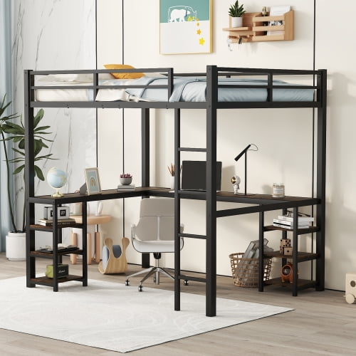 Heavy Duty Full Size Loft Bed with L-Shaped Desk,Metal Loft Bed Frame with Ladder and Guardrails for Kids, Adults, Space Saving Design,Black