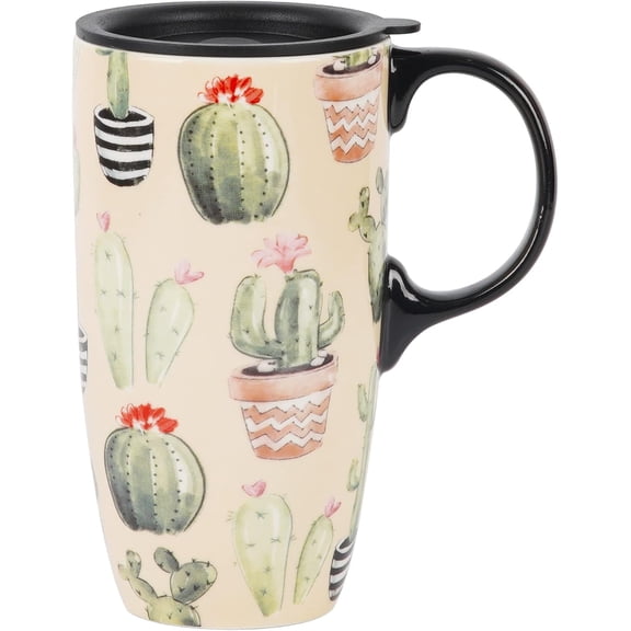 Topadorn Ceramic Mug Ceramic Latte Teacup Coffee Cup with Lid and Handle Coffee Cup 17 oz Cactus