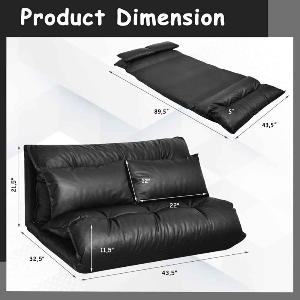 Finihen PU Leather Leisure Floor Sofa Bed, Folding Sleeper Chair Sofa Bed, Foldable PU Leather Leisure Floor Sofa Bed with 2 Pillows, for Living Room, Bedroom, Black