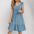 thumbnail image 2 of Formal Summer Dresses for Women Cotton Linen Knee Length Sleeveless Cute Gauze Dresses V Neck Ruffle Tiered Layered Business Pleated Dresses Blue S, 2 of 6