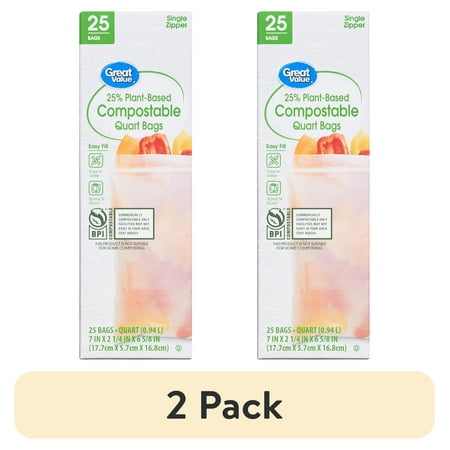 (2 pack) Great Value 25% Plant-Based Compostable Quart Bags, 25 Count