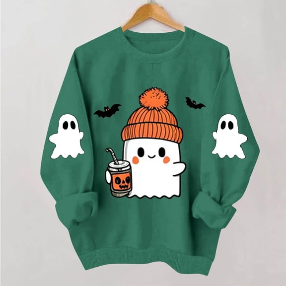 Women's Cute Ghost Halloween Sweatshirts Knit Beanie Graphic Crewneck Pullover Tops Long Sleeve Fall Shirts with Sleeve Prints Spooky Season Casual Clothing