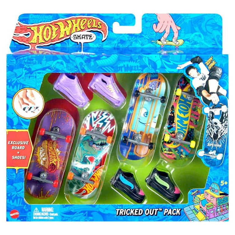 Hot Wheels Skate Tony Hawk Fingerboard & Removable Skate Shoes Multipack, 4  Fully Assembled Boards, 2 Pairs of Skate Shoes, 1 Exclusive Set (Styles