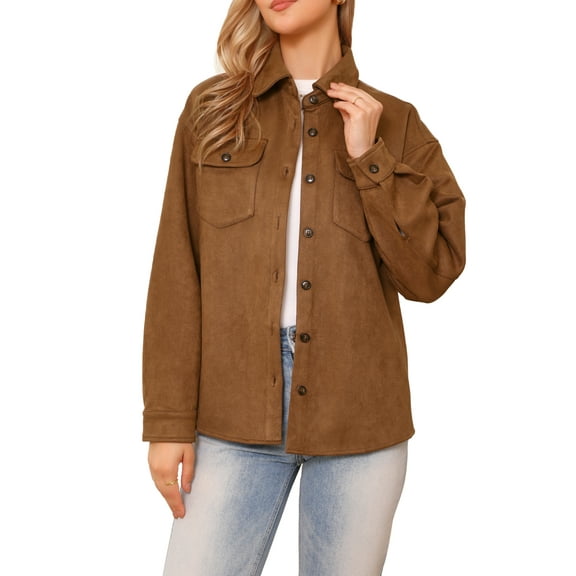 INSPIRE CHIC Women's Coat Faux Suede Turn Down Collar Long Sleeve Casual Button Down Shirt Jacket XS Brown