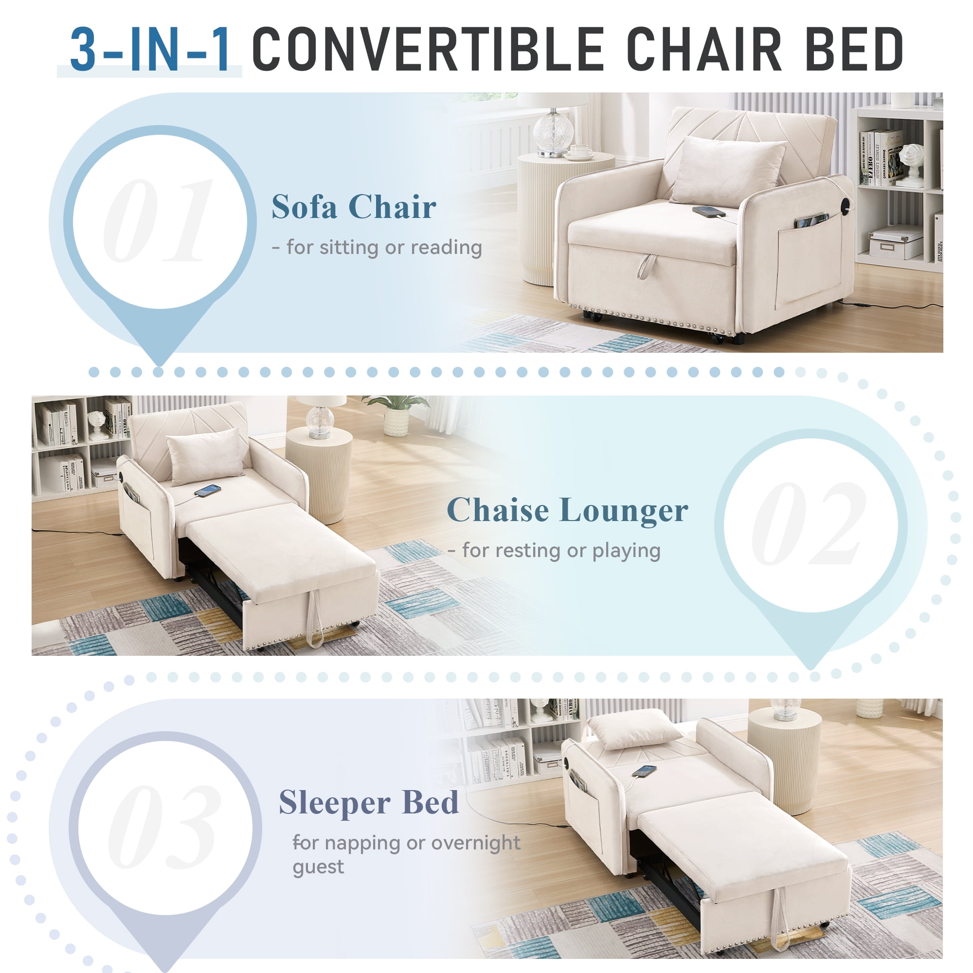 Lunale 3-in-1 Convertible Sleeper Chair Bed, Indoor Lounge Chair with USB/Type-C, Beige Velvet
