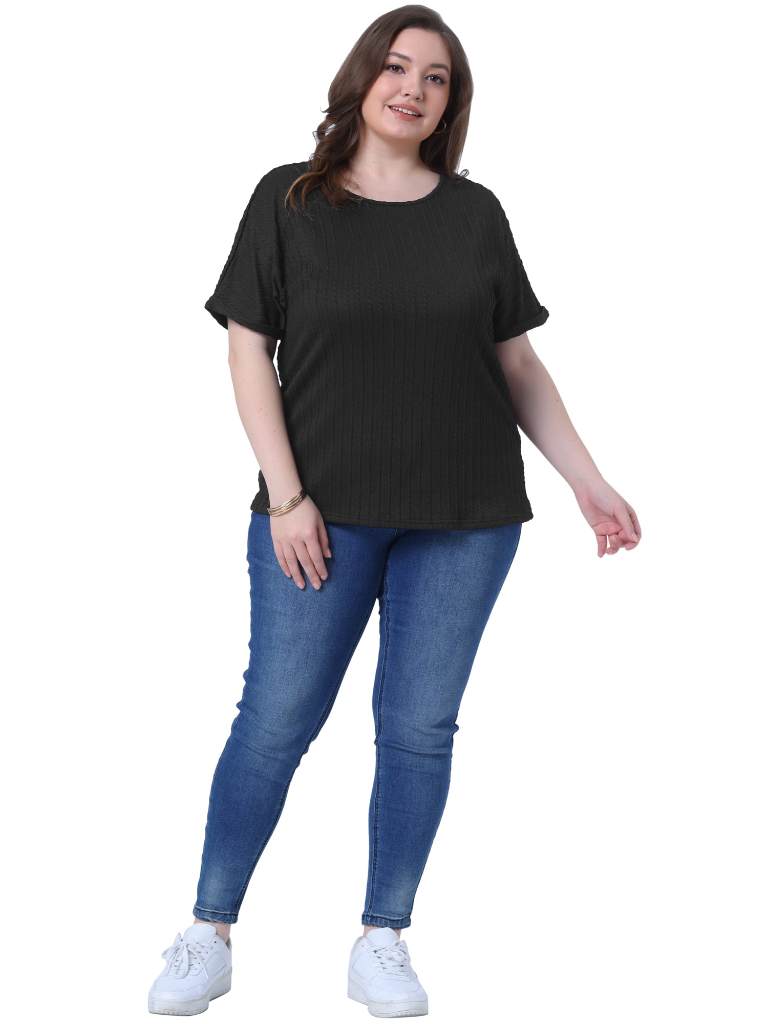 DARING DIVA Women's Plus Textured Rolled Sleeve Tee Crew Neck Blouses 2X Black