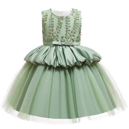 

Summer Savings! TAGOLD Toddler Girls Solid Color Leaf Embroidery Net Yarn Bowknot Birthday Party Flowers Gown Kids Dresses Green 6-7 Years
