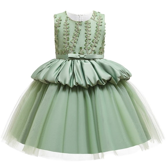 Summer Savings! TAGOLD Toddler Girls Solid Color Leaf Embroidery Net Yarn Bowknot Birthday Party Flowers Gown Kids Dresses Green 4-5 Years