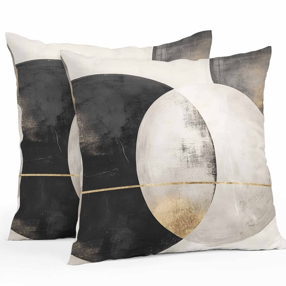 Abstract Art Outdoor Pillow Covers Pack of 2 Black White Circle Gold Striped Mottled Geometric Waterproof Throw Pillow Covers Decorative Cushion Cases for Patio Garden Tent Balcony Couch 16x16 inch