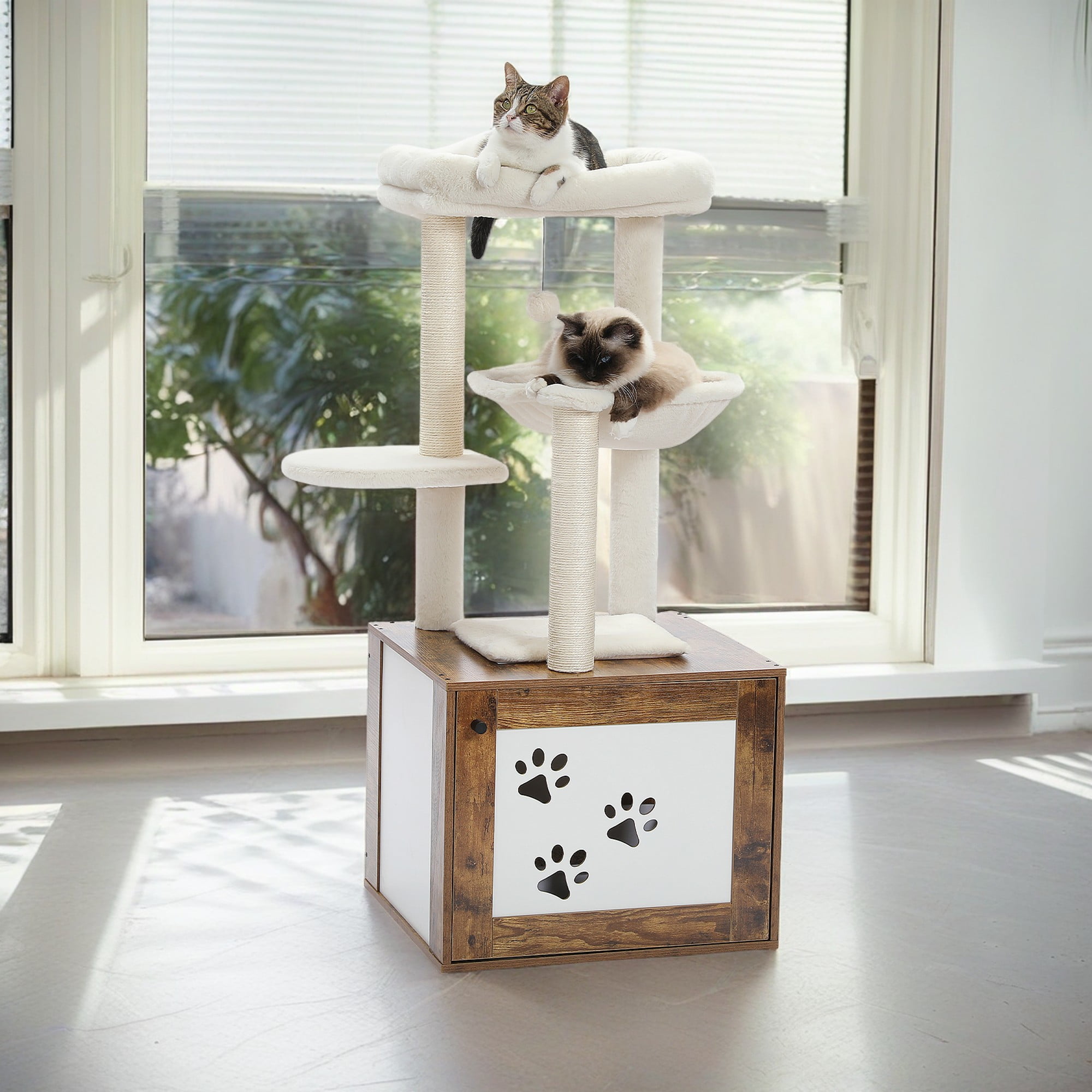 resenkos 46" Wood Cat Tree Tower with Litter Box Enclosure, Cat Condo, Hammock, Cat Scratching Posts, Removable Top Perch, Brown