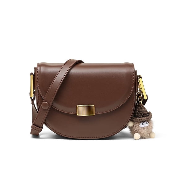 Genuine Cowhide Women Saddle Crossbody Bag, Brown Flap Shoulder Purse with Adjustable Strap