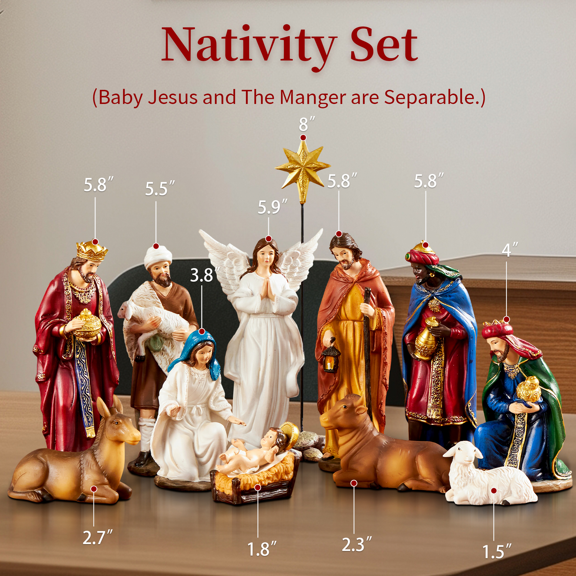 KUETH 13-Piece Hand-Painted Nativity Set with 5.9" Figures photo 4