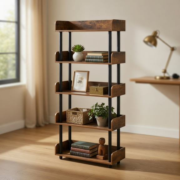 Resenkos 5-Tier Open Bookcase with Industrial Storage Unit, Sturdy Display Shelf for Living Room, Home, Office, Rustic Brown