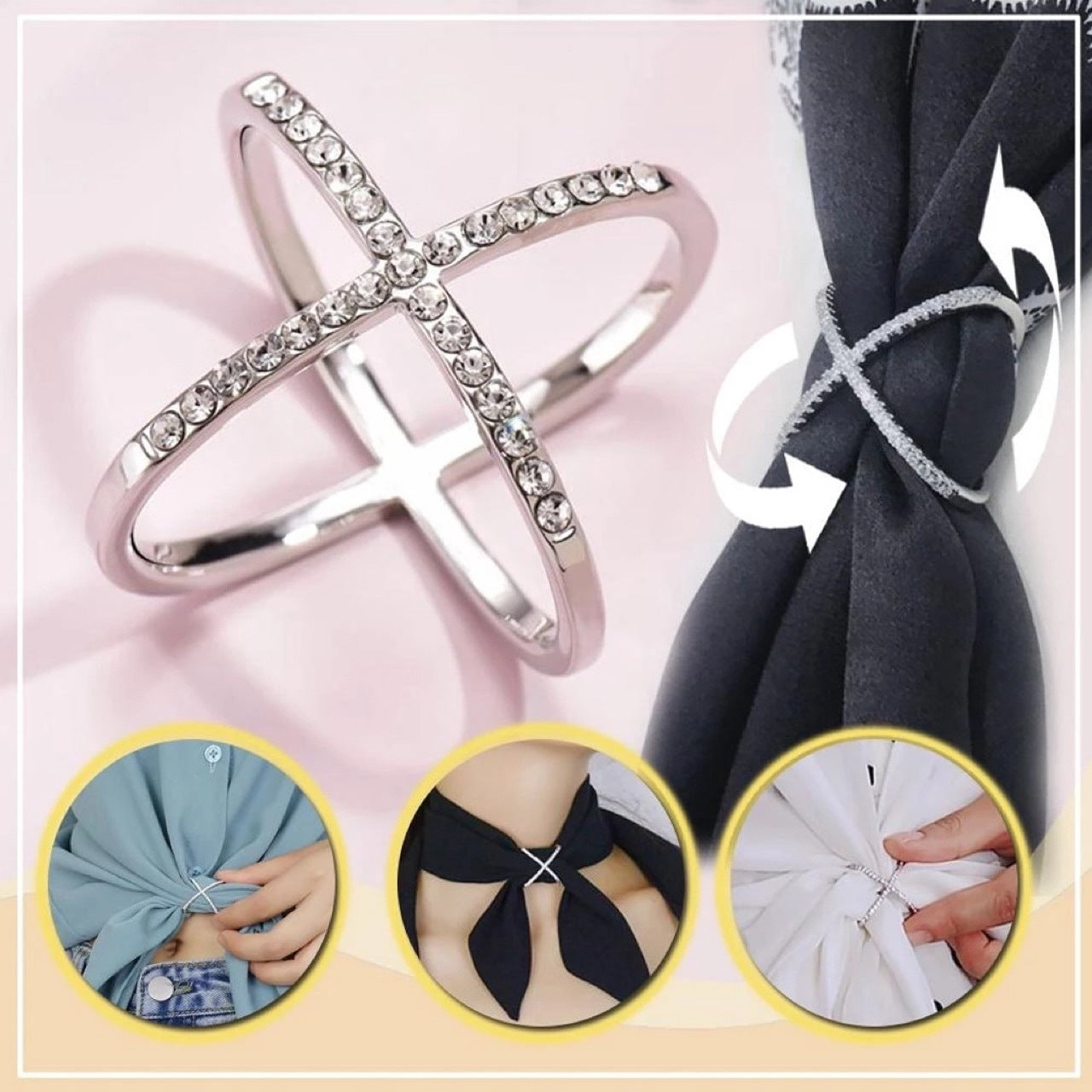 Womens Scarf Buckle Ring Diamond Studded Cross Cutout Geometric Alloy Elegant Multi Functional Fashion Accessory