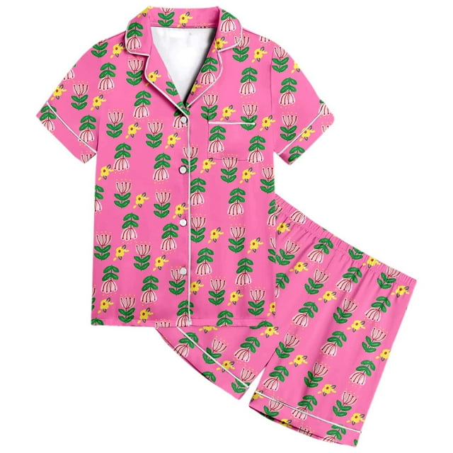 MIASHUI Ensemble de Pyjama 2 Pcs pour Filles à Imprimé Floral, Manches Courtes et Shorts, Vêtements de Nuit, Rose Vif, 2-3 Ans