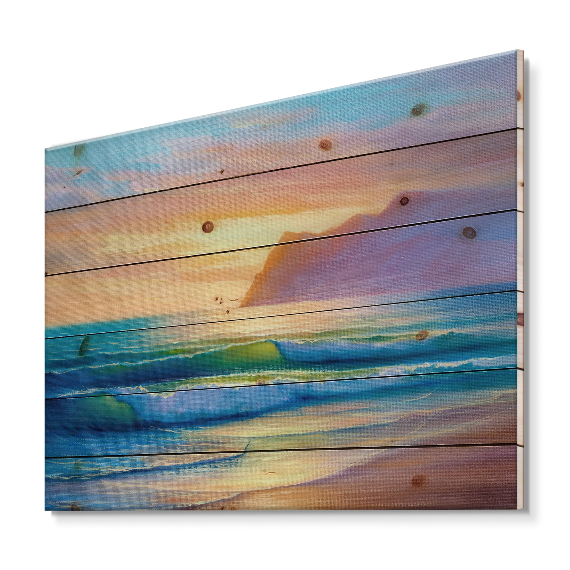 Designart 'Sunrise Glow On The Sea Waves IV' Nautical & Coastal Print on Natural Pine Wood