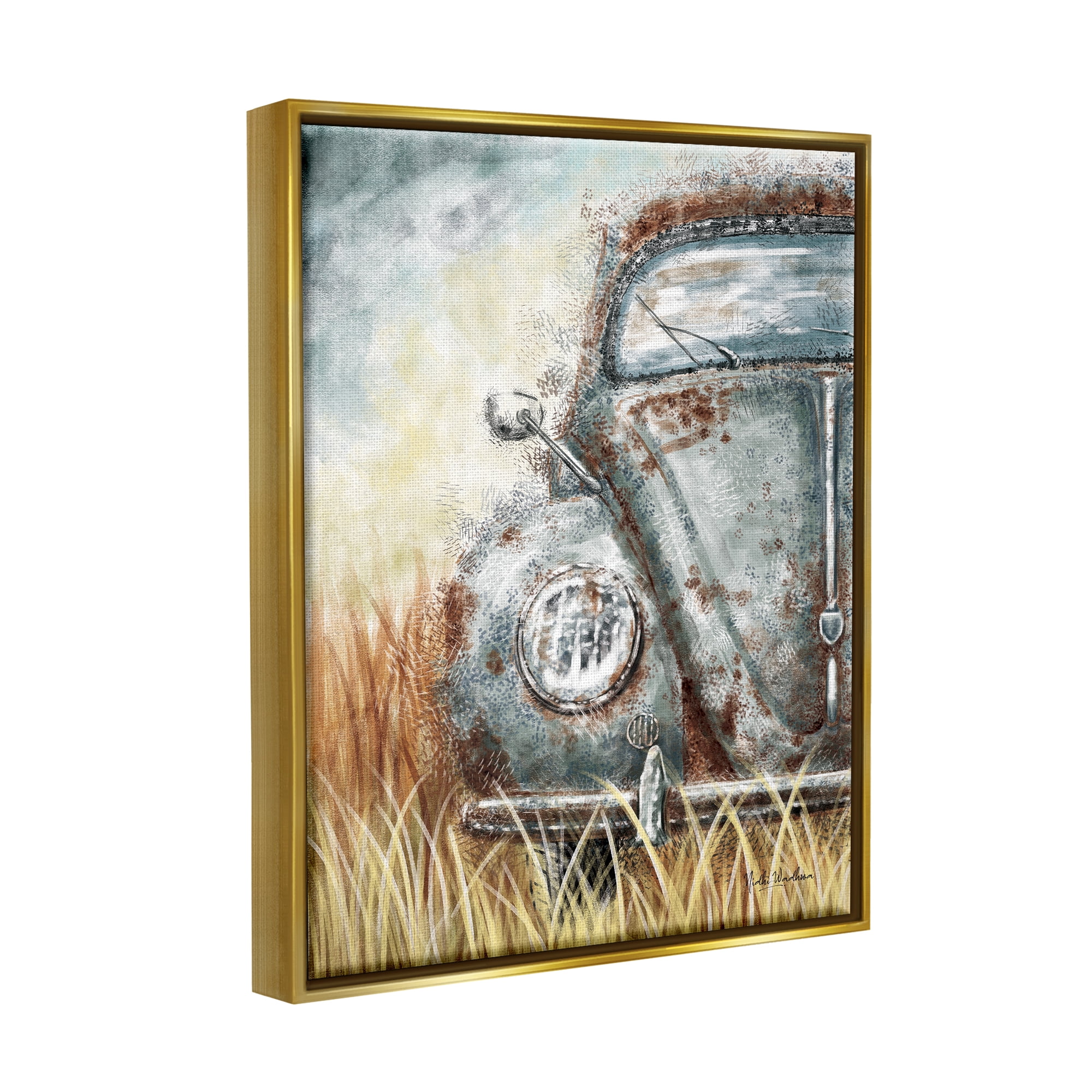 Stupell Industries Vintage Car Country Field Transportation Painting Gold Floater Framed Art Print Wall Art, 17 x 21