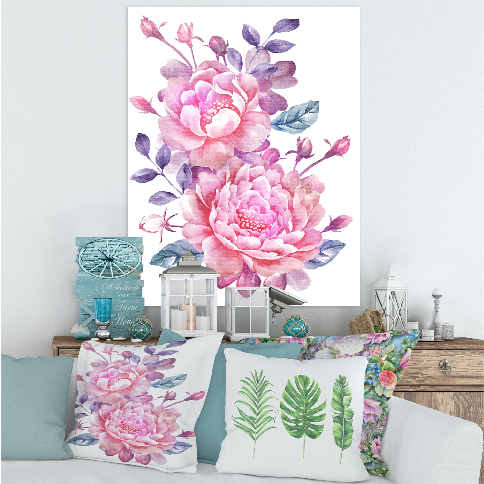 Designart ' Pink Retro Flowers With Blue Leaves On White ' Traditional Canvas Wall Art Print