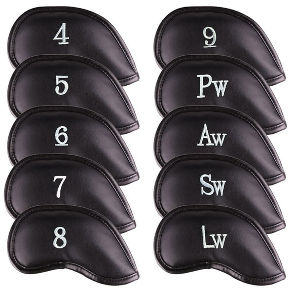 Premium Magnetic Leather Golf Iron and Wedge Head Covers, PU Leather, Black, 10 Count