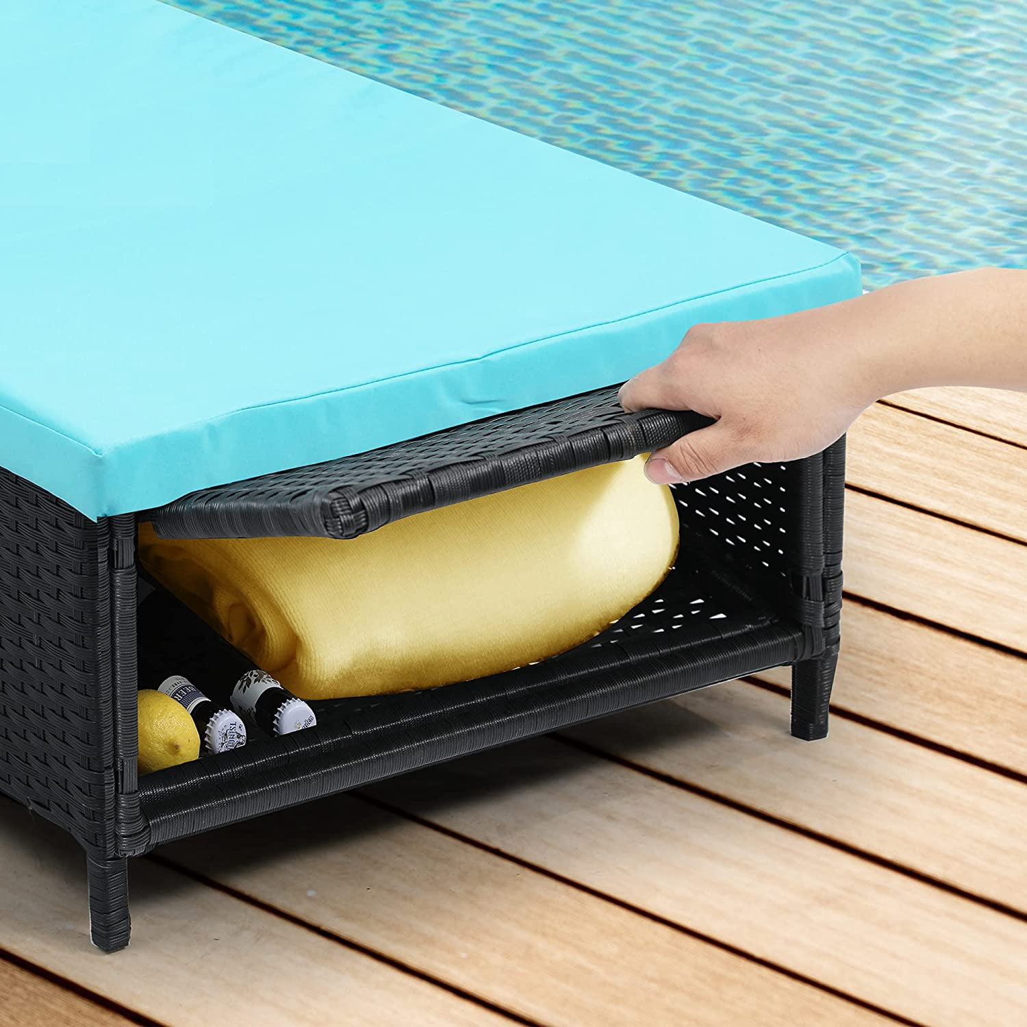 Dextrus Outdoor Chaise Lounge Storage Chair, Rattan Wicker Patio Pool Lounger with Adjustable Backrest, Arm, Cushion, Pillow and Wheel for Poolside Backyard Porch Garden Beach