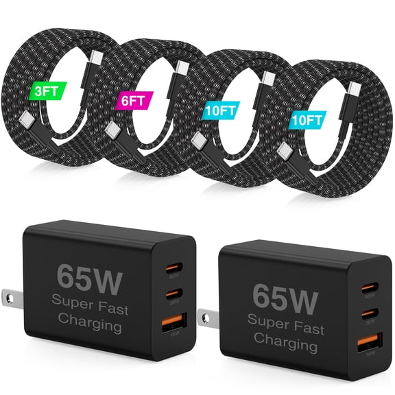 65W 3-Port Super Fast Charger Type C, PD USB C Charger Block, 4-Pack Braided USB C Cables (3/6/6/10FT), Multi Port Charging Cord for iPhone 17/16/15, Samsung Galaxy S26 Ultra/S26,Laptops-Black Case