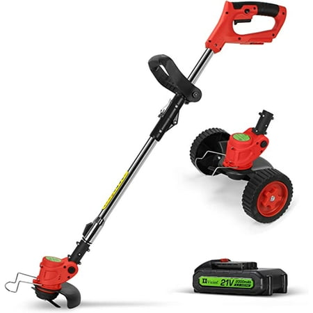 

Cordless Weed Eater String Trimmer 3-in-1 Lightweight Push Lawn Mower & Edger Tool with 3 Types Blades 21V 2Ah Li-Ion Battery Powered for Garden and Yard Red
