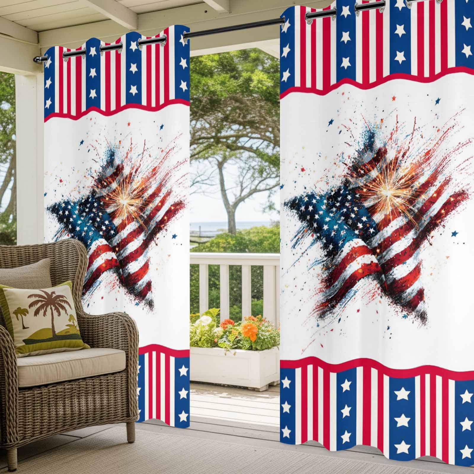 Independence Day Outdoor Curtains for Patio, Abstract American Flag Red Striped Star Sunshade Privacy Drapes Grommet Waterproof Outside Curtains for Porch/Cabana/Balcony 54"x 108", 1 Panel