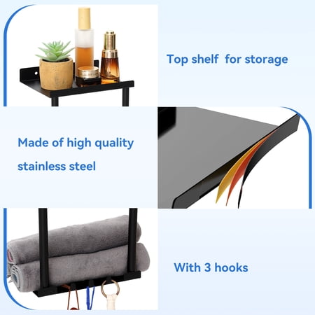 Towel Racks for Bathroom HONEIER 3 Tier Towel Holder with Shelf & 6 HooksWall Mounted Vertical Rolled Towel Storage Organizer Holder Towel Shelf Organizer for Toilet, Black