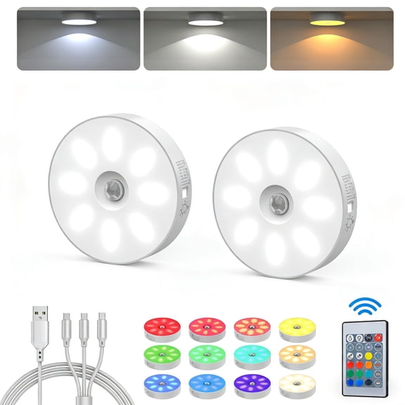 Led Puck Lights with Remote, 1000mAh Rechargeable Under Cabinet Lights with Motion Sensor, 3 Color Temps & 12 RGB Colors, Dimmable Magnetic Stick-On Lights for Kitchen Closet Stairs, 2-Pack