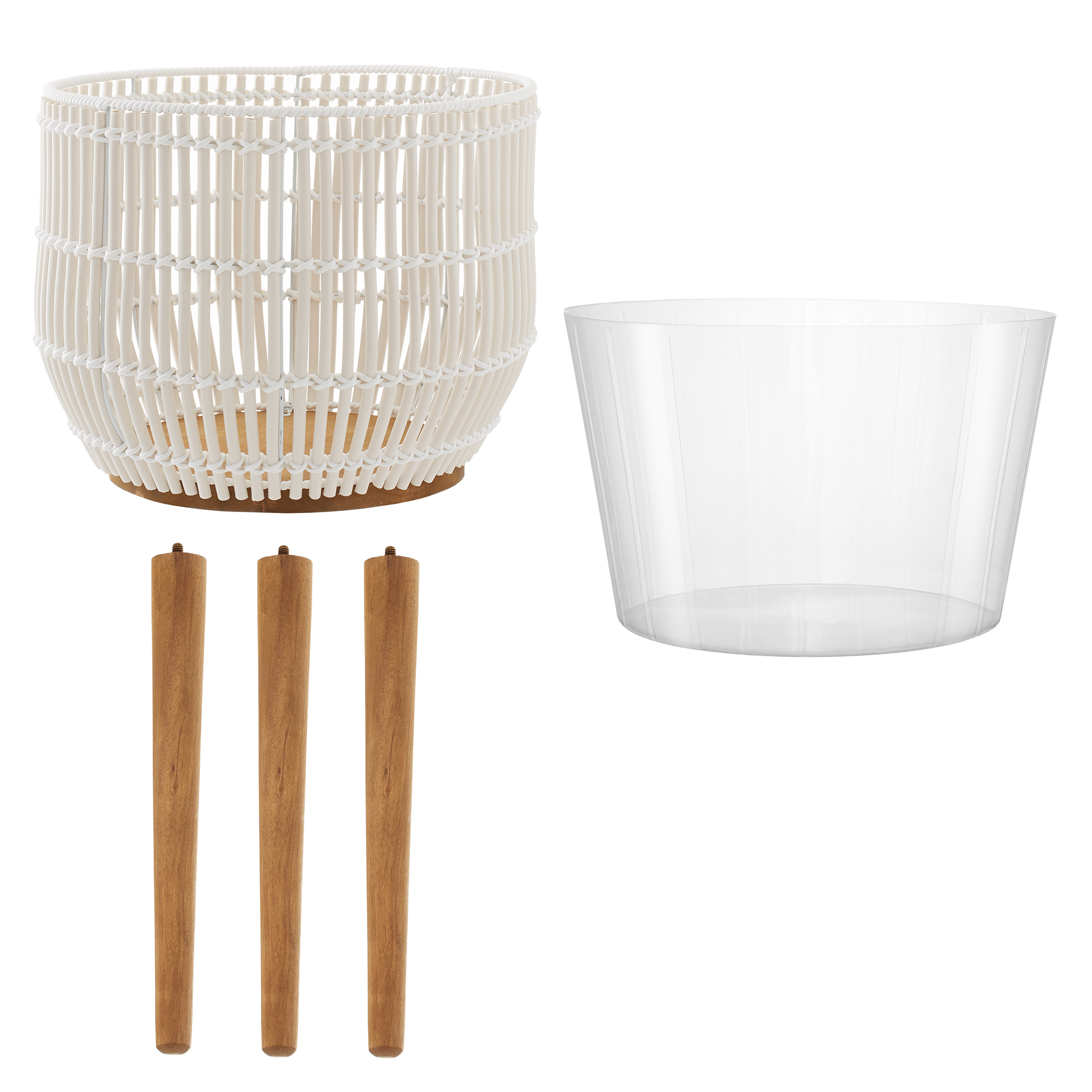Casafield Floor Planter with Wood Legs in White, Planter Basket with Stand, Large Plant Pot Cover with Liner