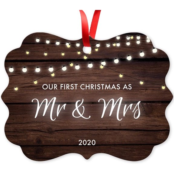 Soul Décor Our First Christmas As Mr & Mrs 2020, Christmas Decorations for The Home, Large 3.75" Rectangle Metal Ornament, Velvet Pouch Included