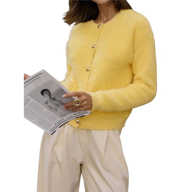 Cárdigan Informal de Mujer, Cuello Redondo, Estilo Holgado y Relajado, Tejido de Punto, Ideal para Salir. Amarillo Talla Única
