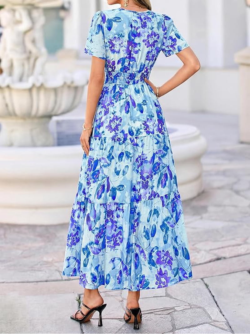 flowy maxi wedding guest dress Btfbm Womens Summer Floral Dresses V Neck Short Sleeve Boho Casual Long Beach Vacation, Women's, Size: Medium, Blue Gowns for mother of bride