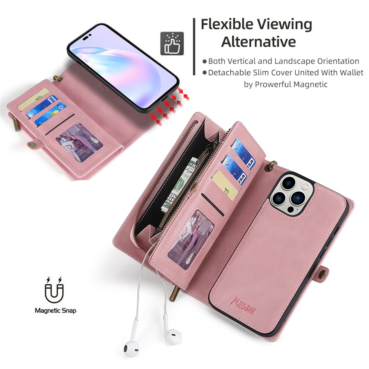 Defencase for iPhone 16 Case for Women Men, Removable Durable PU Leather Magnetic Flip Strap Wristlet Zipper Purse Card Holder Detachable Wallet Phone Cases for iPhone 16, Pink