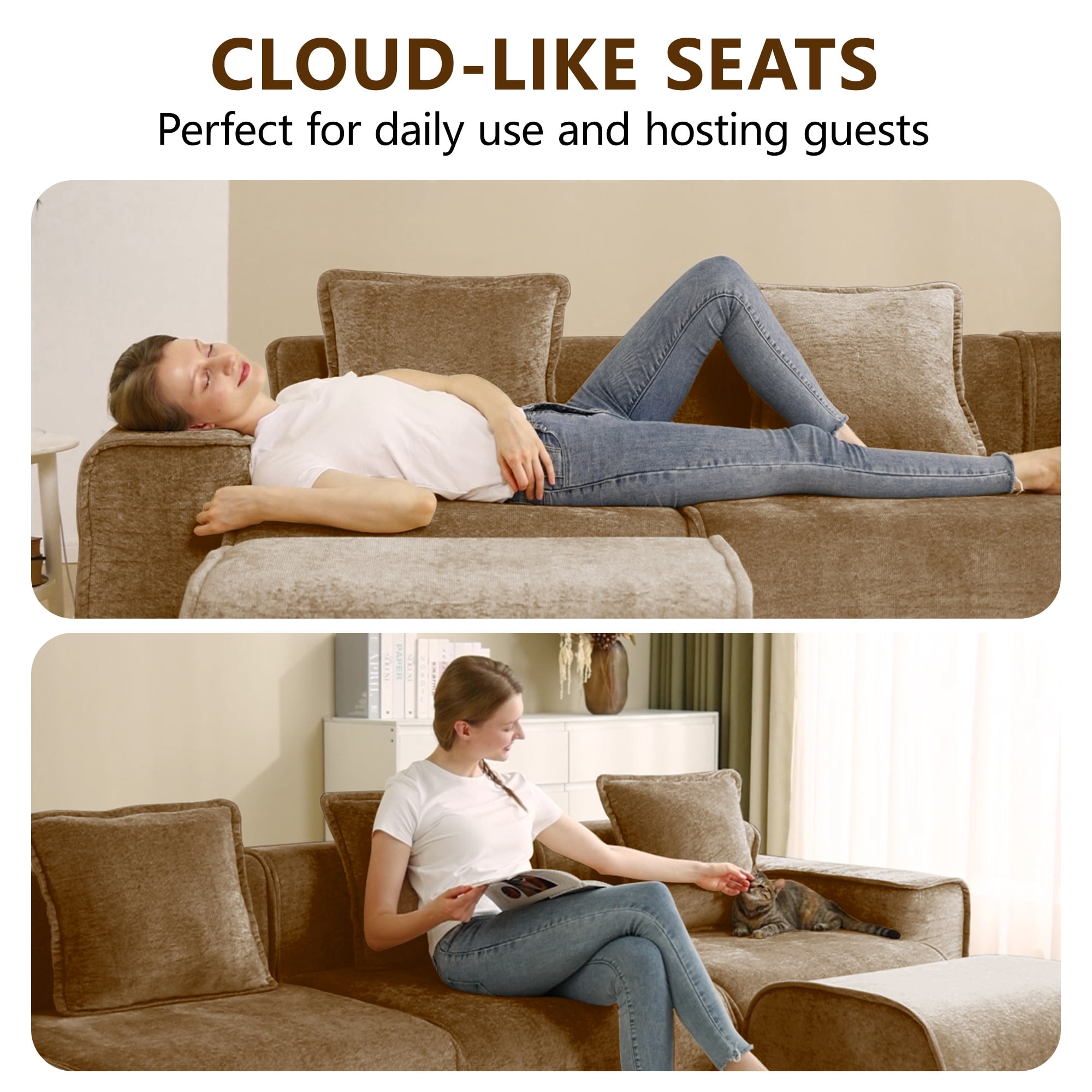 Aukfa 109" Cloud Sectional Sofa Oversized Boneless Couch Modular L-Shaped Sofa with Ottoman for Living Room, Velvet, Brown