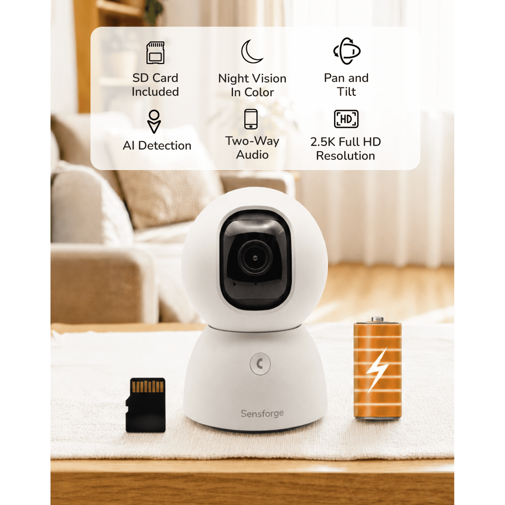 SensForge 2.5K Rechargeable Pan-Tilt Security Camera, 360° Dual-Band WiFi Home Camera, Free AI Human & Pet Detection, 64GB SD Storage, Two-Way Talk, Optional AI + Storage Upgrade