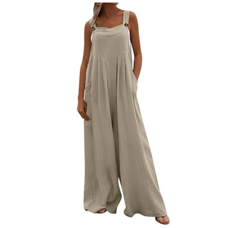 

Women s One Piece Button Up Jumpsuit Casual Loose sleeveless Rompers With Pockets