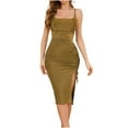 thumbnail image 3 of YTCAMLO Sparkly Sequin Midi Dresses for Women Trendy Spaghetti Strap Party Cocktail Dresses Drawstring Side Split Ruched Bodycon Dress, Gold XXL, 3 of 6