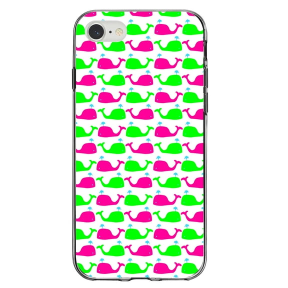 DistinctInk Clear Shockproof Hybrid Case for iPhone 7 8 SE (2020 Model) 4.7" Screen TPU Bumper Acrylic Back Tempered Glass Screen Protector - Green Pink Cartoon Whales - Cartoon Whales