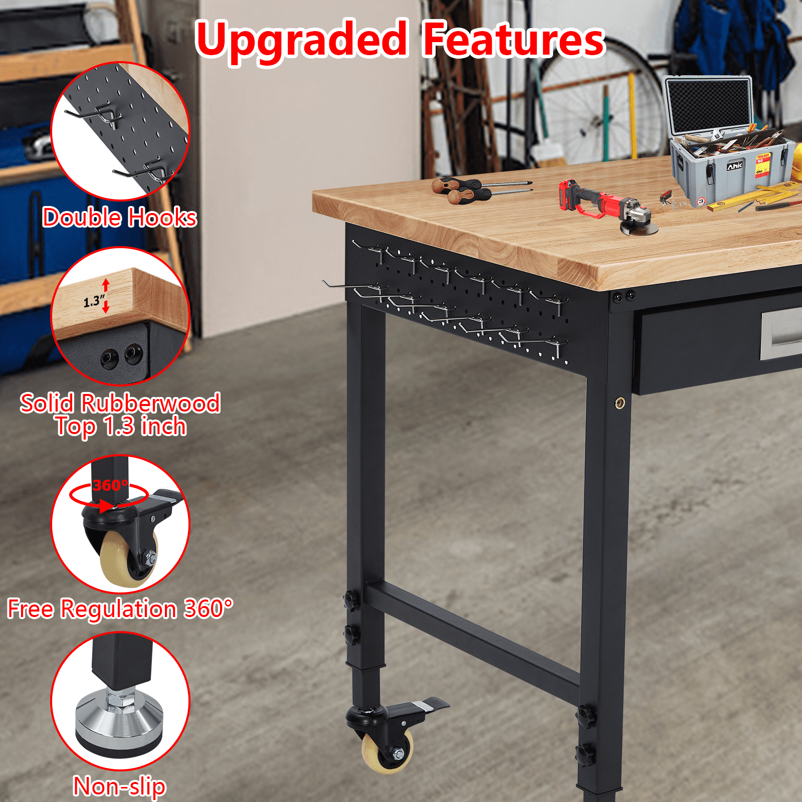 48" Adjustable Work Bench with Wheels, 2000 Lbs Capacity Rubber Wood Table Rolling Workbench