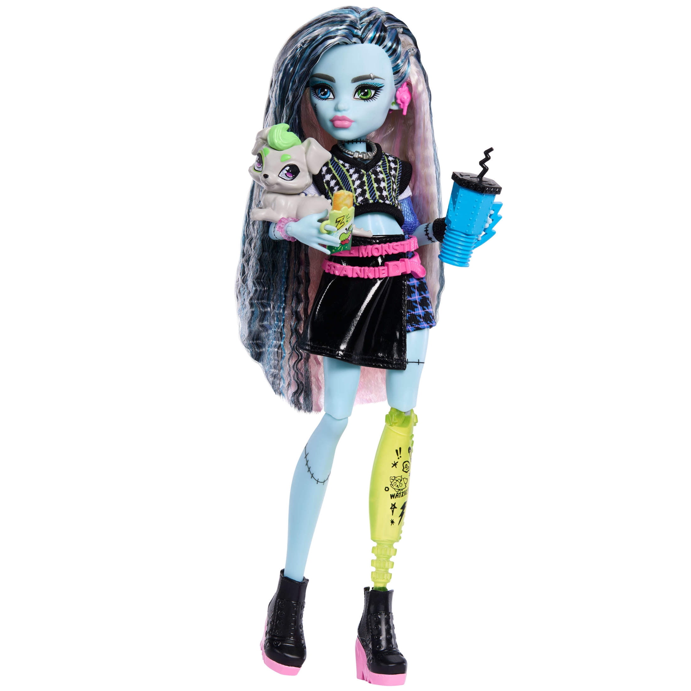 Monster High Frankie Stein Fashion Doll in Black Pleather Skirt with Pet Watzie and 7 Accessories