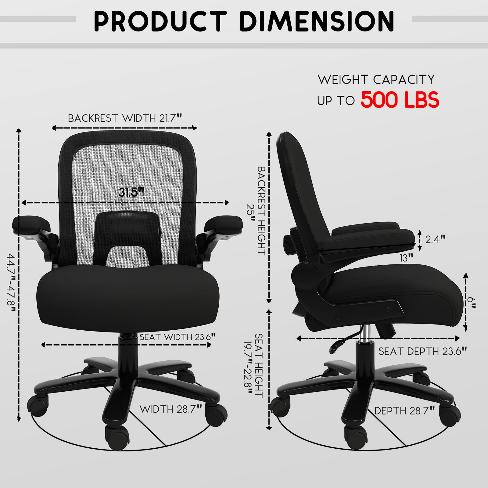 Solfway Big and Tall Mesh Office Chair 500 lbs, Ergonomic Computer Chair with Lumbar Support, Middle Back Desk Task Chair with Wide Seat, Black