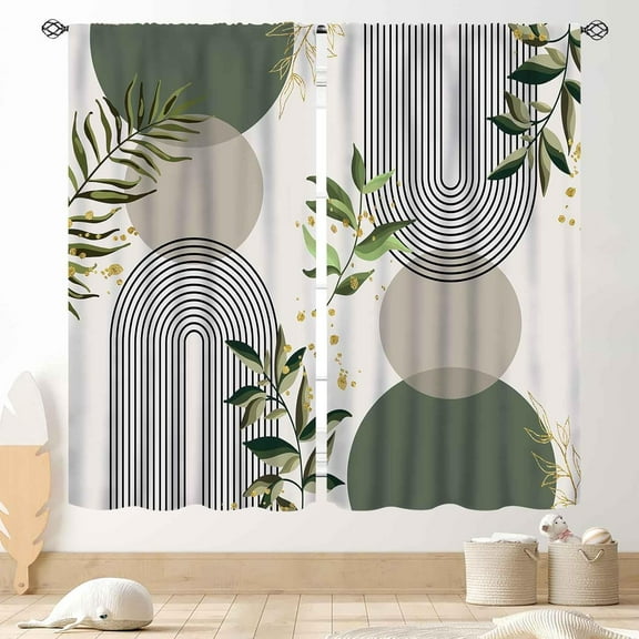 Mid Century Modern Curtains, Boho Aesthetic Green Tropical Palm Leaves Abstract Minimalist Geometic Arch Curtains Treatments for Bedroom Living Room Bathroom 2 Panels, 84"x63" Inch