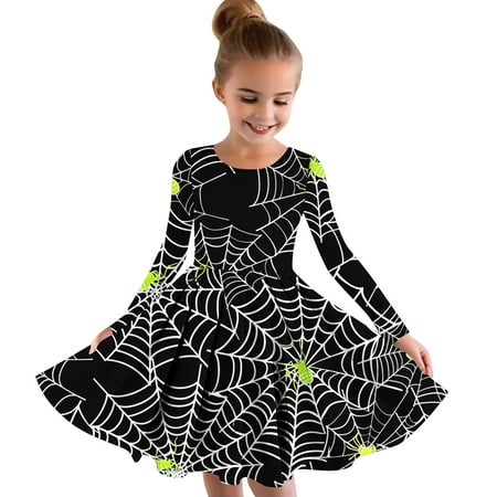 

Geire All Saints Day New Girls Princess Dress Round Neck Long-sleeved Printed Waist Flowy Dress Aged 4-14 Years