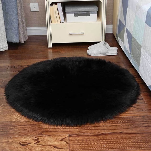 Soft Black Fur Area Rug Round Diameter 2.2ft Shaggy Rugs Plush Circle Floor Mat for Bedroom Living Room Nursery Fluffy Mats