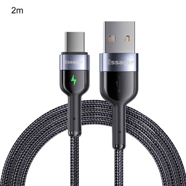 Essager 3A Tipo-c Cable de carga Cable de sincronización de datos de teléfono móvil Nylon trenzado con indicador LED, Negro, 2m Kearding EL5316-03